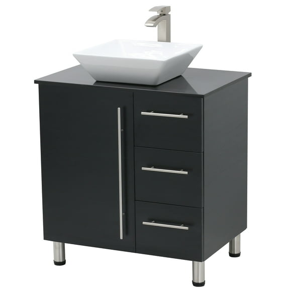 WindBay 30" Freestanding Bathroom Vanity, Black. Black Flat Stone Countertop