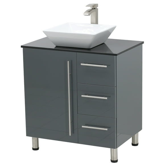 WindBay 30" Freestanding Bathroom Vanity, High Gloss Dark Grey. White Flat Stone Countertop