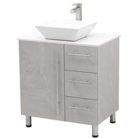 WindBay 30" Freestanding Bathroom Vanity, Light Slate Grey. White Flat Stone Countertop