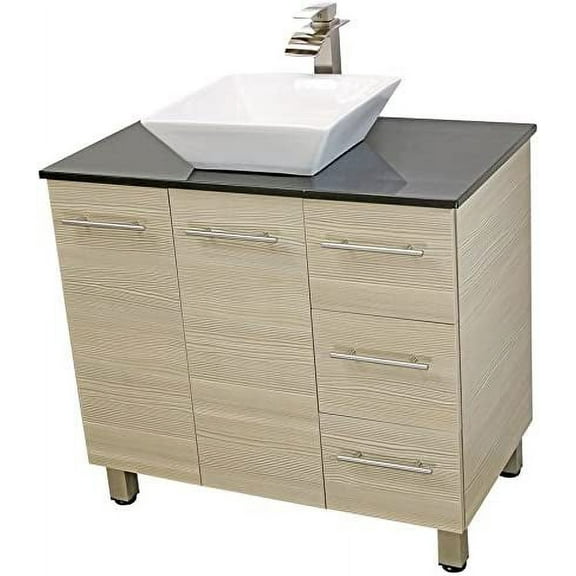 WindBay 36" Freestanding Bathroom Vanity, Tan. Black Flat Stone Countertop