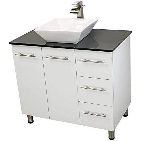WindBay 36" Freestanding Bathroom Vanity, White Texture Embossed. Black Flat Stone Countertop