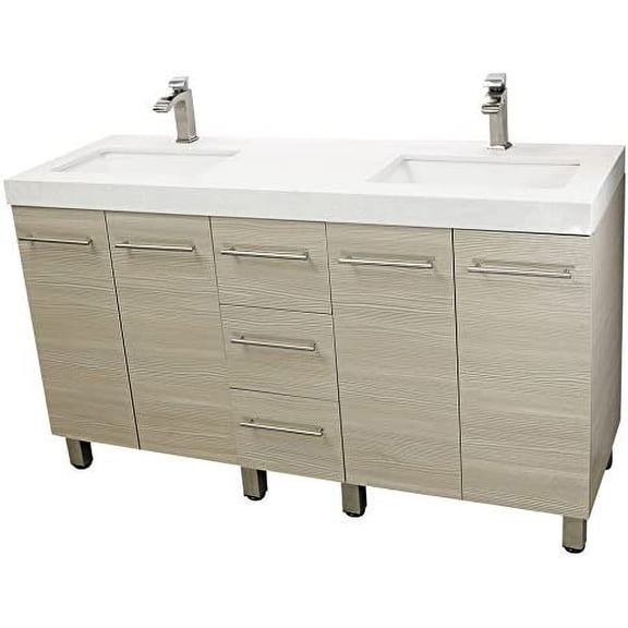 WindBay 60" Freestanding Bathroom Vanity, Tan. White Under Mount stone Countertop