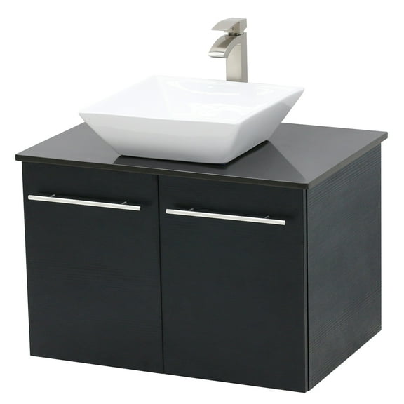 WindBay Wall Mount Floating Bathroom Vanity Sink Set. Black Vanity, Black Flat Stone Countertop Ceramic Sink - 36"