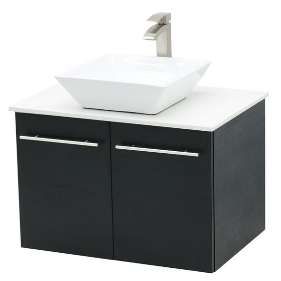 WindBay Wall Mount Floating Bathroom Vanity Sink Set. Black Vanity, White Flat Stone Countertop Ceramic Sink - 30"