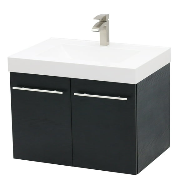 WindBay Wall Mount Floating Bathroom Vanity Sink Set. Black Vanity, White Integrated Sink Countertop
