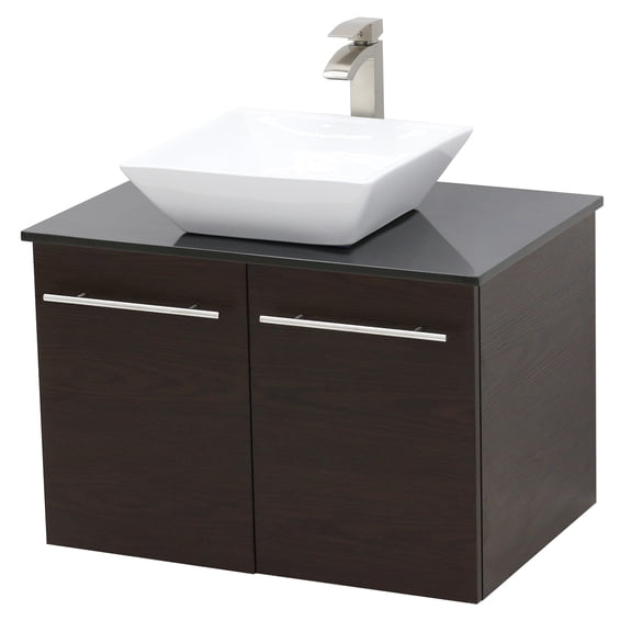 WindBay Wall Mount Floating Bathroom Vanity Sink Set. Dark Brown Vanity, Black Flat Stone Countertop Ceramic Sink - 24"