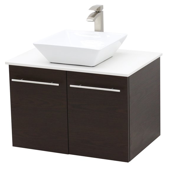 WindBay Wall Mount Floating Bathroom Vanity Sink Set. Dark Brown Vanity, White Flat Stone Countertop Ceramic Sink - 36"