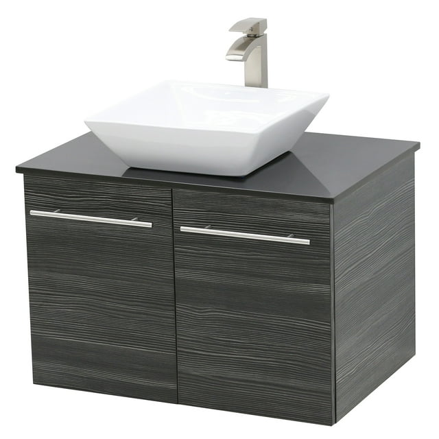WindBay Wall Mount Floating Bathroom Vanity Sink Set. Dark Grey Vanity, Black Flat Stone