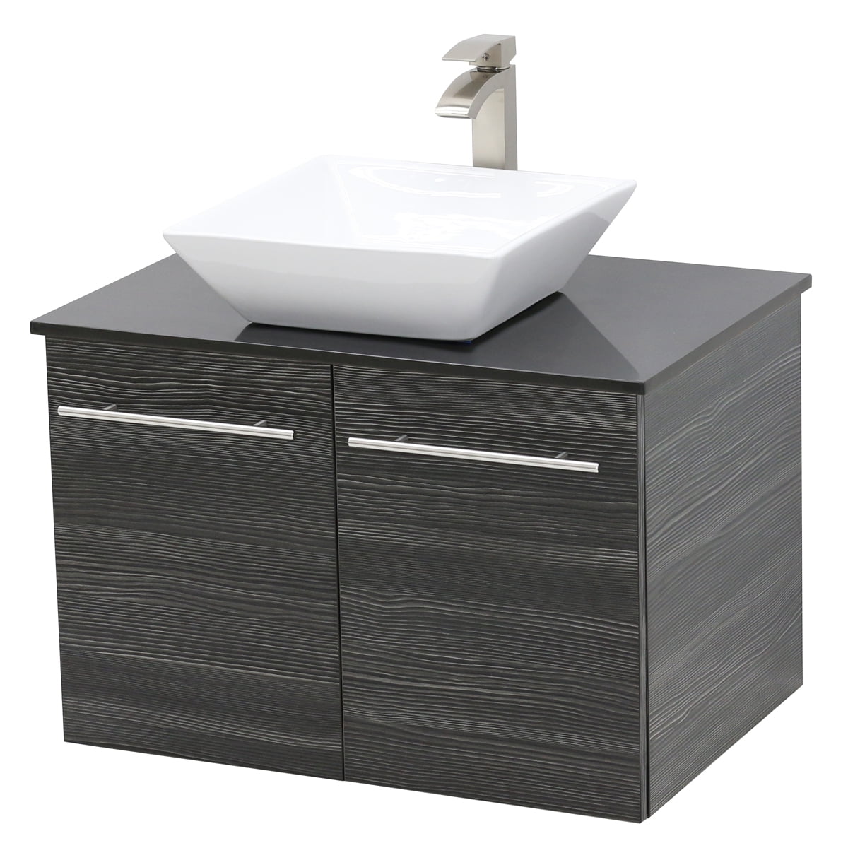 WindBay Wall Mount Floating Bathroom Vanity Sink Set. Dark Grey Vanity, Black Flat Stone ...