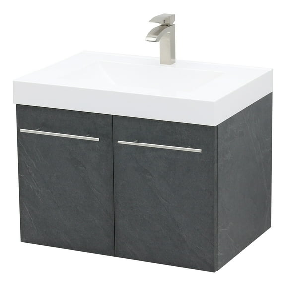 WindBay Wall Mount Floating Bathroom Vanity Sink Set. Dark Slate Grey Vanity, White Integrated Sink Countertop - 29.25"