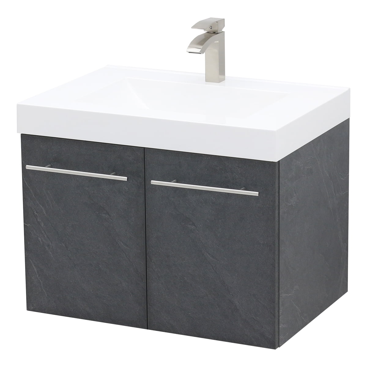 WindBay Wall Mount Floating Bathroom Vanity Sink Set. Dark Slate Grey Vanity, White Integrated ...