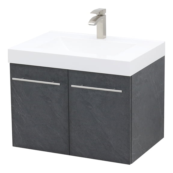 WindBay Wall Mount Floating Bathroom Vanity Sink Set. Dark Slate Grey Vanity, White Integrated Sink Countertop - 35.25"