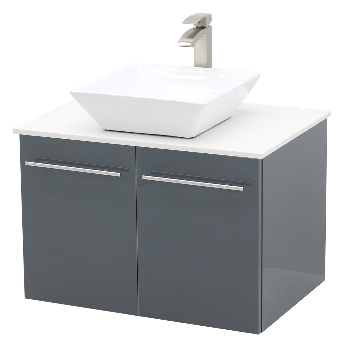 WindBay Wall Mount Floating Bathroom Vanity Sink Set. High Gloss Dark Grey Vanity, White Flat