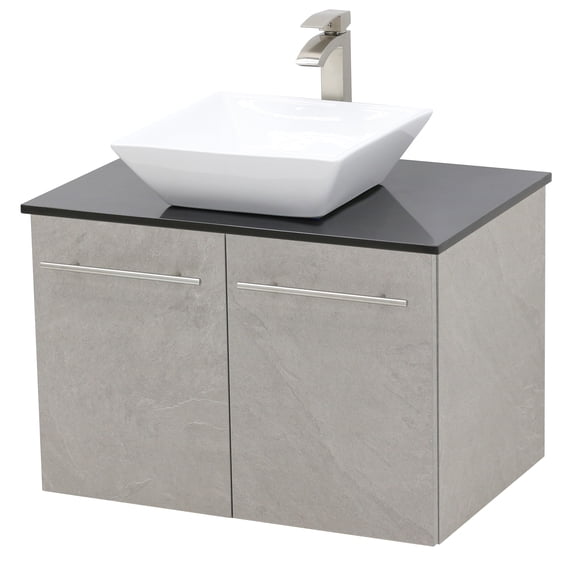 WindBay Wall Mount Floating Bathroom Vanity Sink Set. Light Slate Grey Vanity, Black Flat Stone Countertop Ceramic Sink - 24"