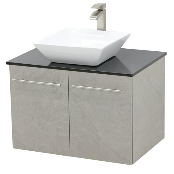 WindBay Wall Mount Floating Bathroom Vanity Sink Set. Light Slate Grey Vanity, Black Flat Stone Countertop Ceramic Sink - 30"