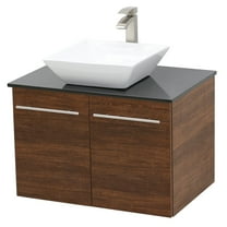 WindBay Wall Mount Floating Bathroom Vanity Sink Set. Rustic Brown Vanity, Black Flat Stone Countertop Ceramic Sink - 24"