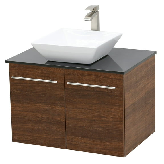 WindBay Wall Mount Floating Bathroom Vanity Sink Set. Rustic Brown Vanity, Black Flat Stone Countertop Ceramic Sink - 24"