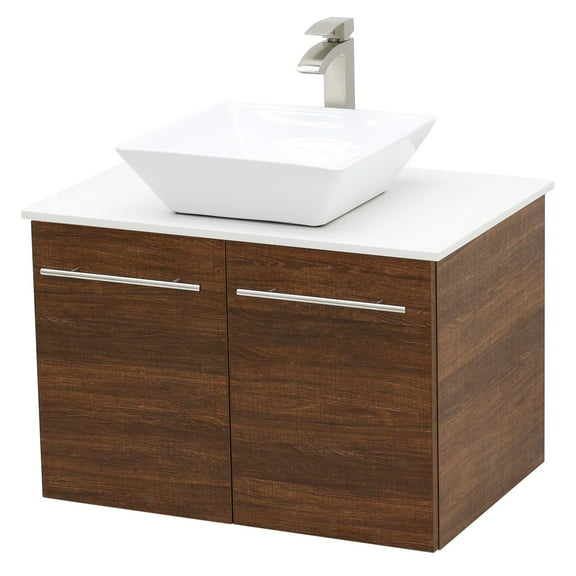 WindBay Wall Mount Floating Bathroom Vanity Sink Set. Rustic Brown Vanity, White Flat Stone Countertop Ceramic Sink - 36"