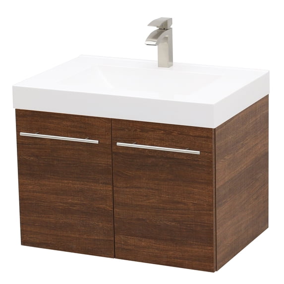 WindBay Wall Mount Floating Bathroom Vanity Sink Set. Rustic Brown Vanity, White Integrated Sink Countertop - 29.25"