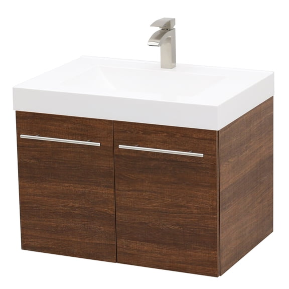 WindBay Wall Mount Floating Bathroom Vanity Sink Set. Rustic Brown Vanity, White Integrated Sink Countertop - 35.25"