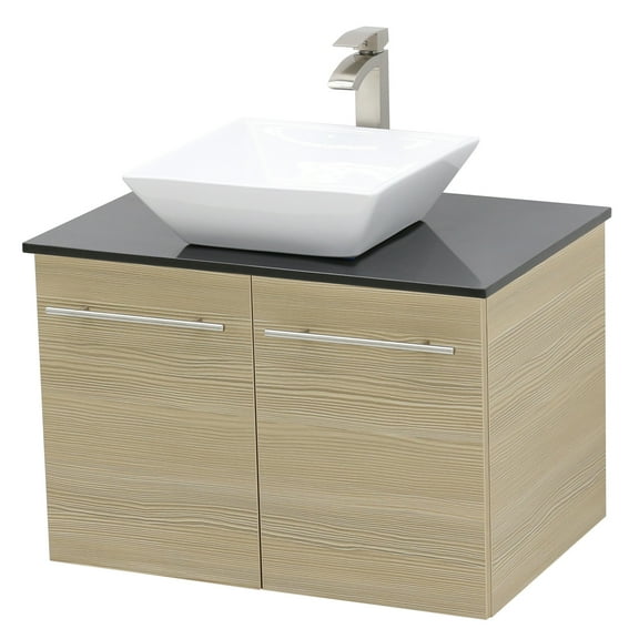 WindBay Wall Mount Floating Bathroom Vanity Sink Set. Tan Vanity, Black Flat Stone Countertop Ceramic Sink - 24"