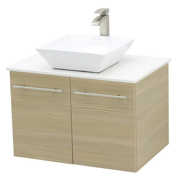 WindBay Wall Mount Floating Bathroom Vanity Sink Set. Tan Vanity, White Flat Stone Countertop Ceramic Sink - 24"