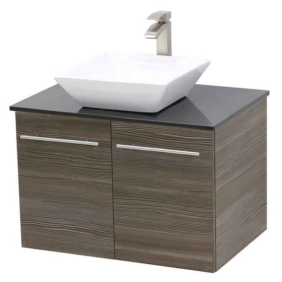 WindBay Wall Mount Floating Bathroom Vanity Sink Set. Taupe Vanity, Black Flat Stone Countertop Ceramic Sink - 36"