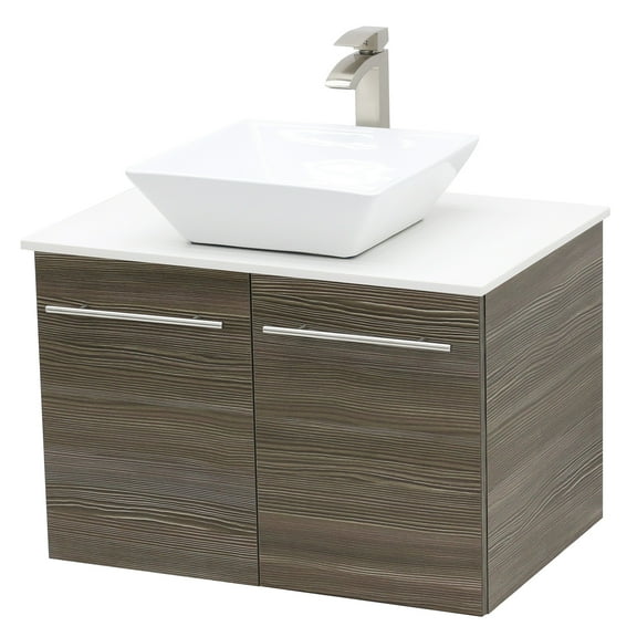 WindBay Wall Mount Floating Bathroom Vanity Sink Set. Taupe Vanity, White Flat Stone Countertop Ceramic Sink - 36"