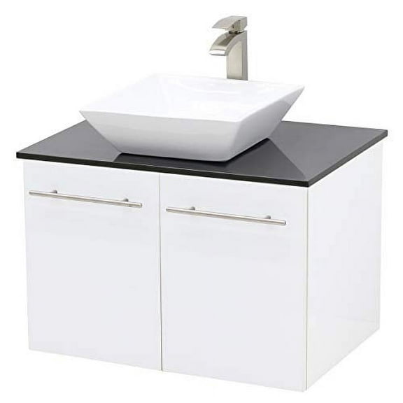 WindBay Wall Mount Floating Bathroom Vanity Sink Set, White Embossed Texture Vanity, Black Flat Stone Countertop Ceramic Sink - 24"