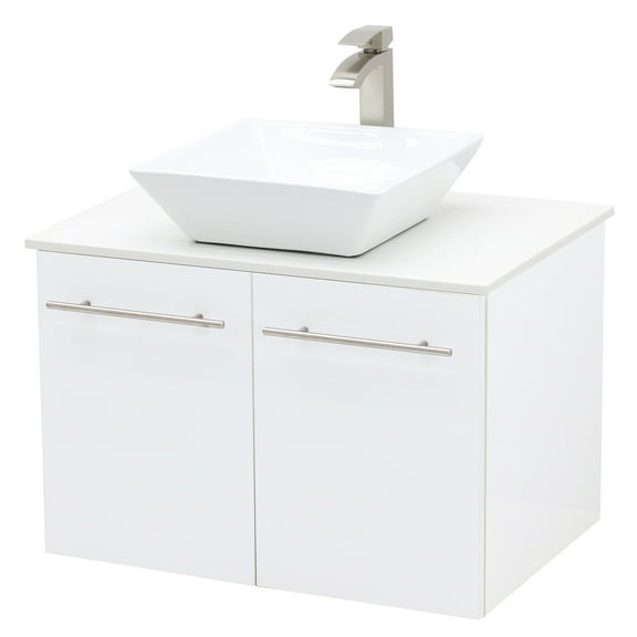 WindBay Wall Mount Floating Bathroom Vanity Sink Set, White Embossed Texture Vanity, White Flat Stone Countertop Ceramic Sink - 30"