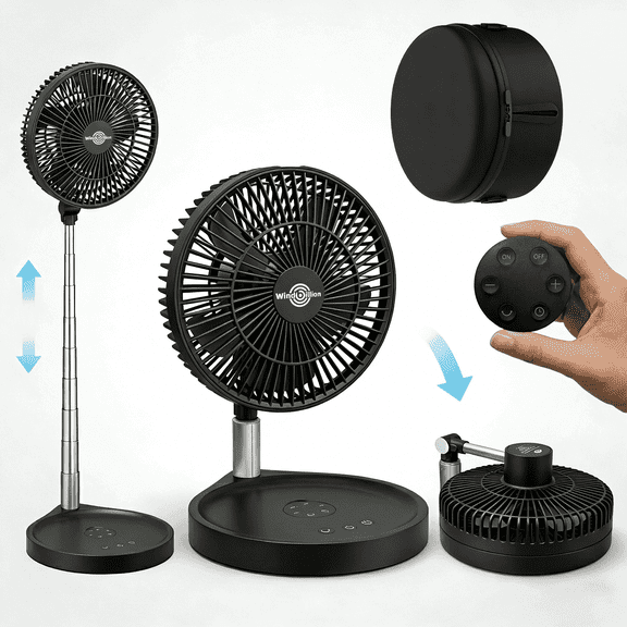 WindBillion 10 in Portable Rechargeable Fan, 2-in-1 Foldable Desk and Floor Fan, 16000mAh, 4 Speeds, Black