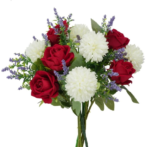 WindamazingStory Artificial Silk White & Red Chrysanthemum and Rose Bouquet 3 Pieces