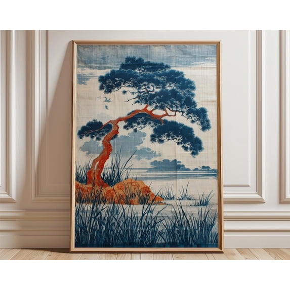 Windblown Tree Japanese Landscape Wall Art Print, Unframed Paper Poster 24x36in