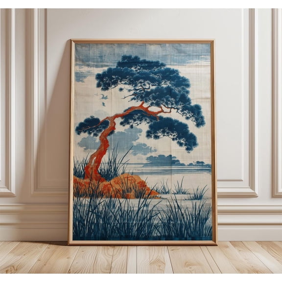Windblown Tree Wall Art Print, Japanese Landscape Illustration, Nature Decor