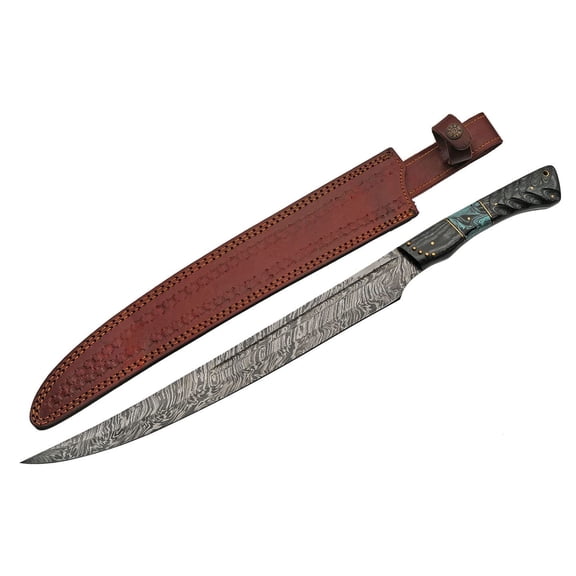 SANZ Supplies Wood and Turquoise Resin Handle Damascus Steel Short Swor-d with Leather Sheath, Black/Turquoise/Brown, 22" Length