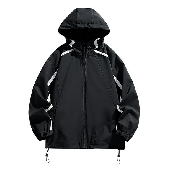 Windbreaker Jacket Men's Casual Loose Fitting Long Sleeved Zippered Hooded Jacket Black M Windbreakers for Men