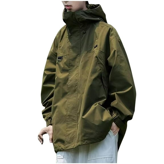 Windbreaker Jacket Men's Casual Stand Collar Long Sleeve Hoodie Zipper Outdoor Workwear Trench Coat Green 3XL Zip Front Windbreaker Jacket