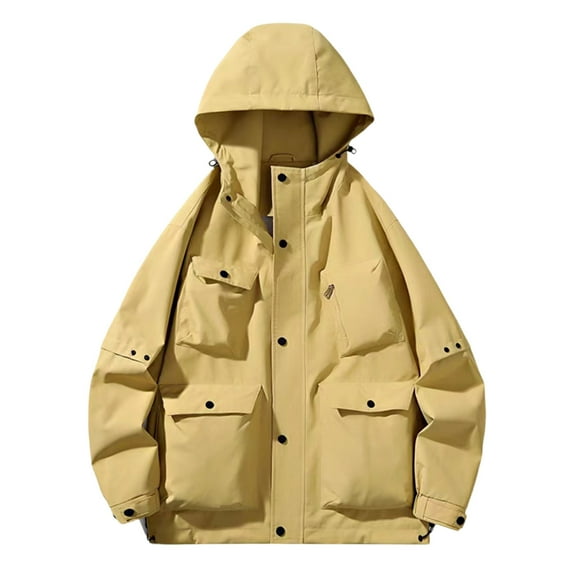 Windbreaker Jacket Men's Fashion Solid Color Outdoor Hiking Long Sleeve Hooded Casual Outwear Jackets Yellow 2XL Zip Front Windbreaker Jacket