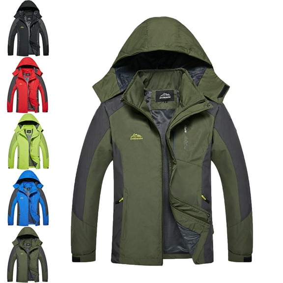 Windbreaker Jacket Men's Long Sleeved Pocket Zipper Color Blocked Stand Up Collar Detachable Hooded Outdoor Jacket Army Green L Zip Front Windbreaker Jacket