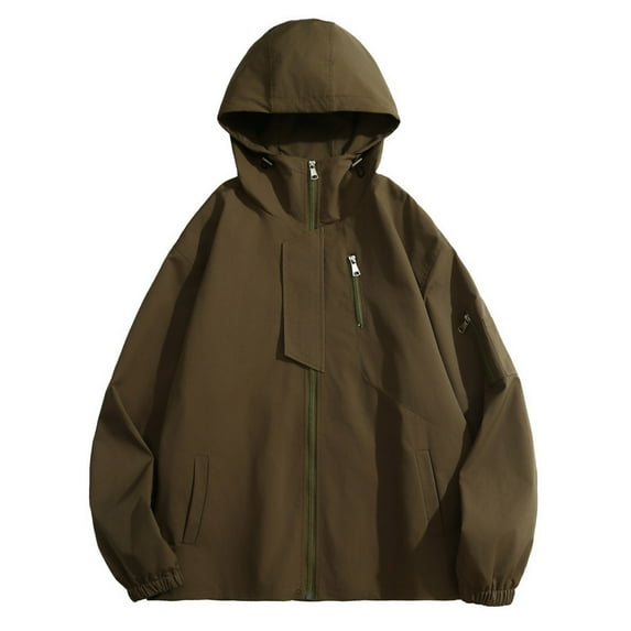 Windbreaker Jacket Men's Suit Hooded Coat Youth Outdoor Sports Wear Long Windbreaker Middle-aged Business Casual Jacket Khaki XL Windbreakers for Men