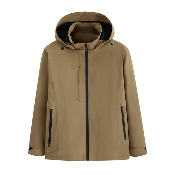 Windbreaker Jacket Men's Unisex Hooded Long Sleeve Solid Zipper Outdoor Detachable Hardshell Coat Khaki S Windbreakers for Men