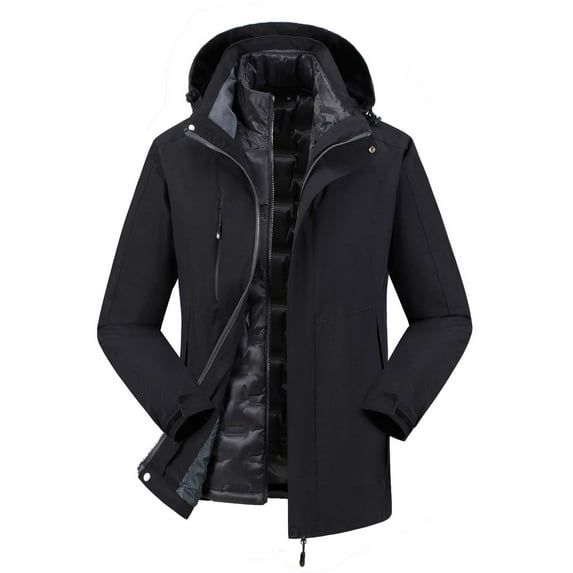 Windbreaker Jacket Men's Zip Front Windbreaker Jacket Detachable Cap And Windproof Thick Three-in-one Jacket Outdoor Sports Warm Jacket Black 3XL
