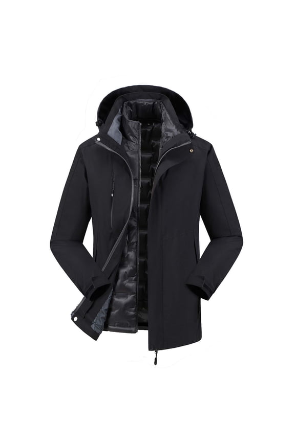 Windbreaker Jacket Men's Zip Front Windbreaker Jacket Detachable Cap And Windproof Thick Three-in-one Jacket Outdoor Sports Warm Jacket Black 3XL