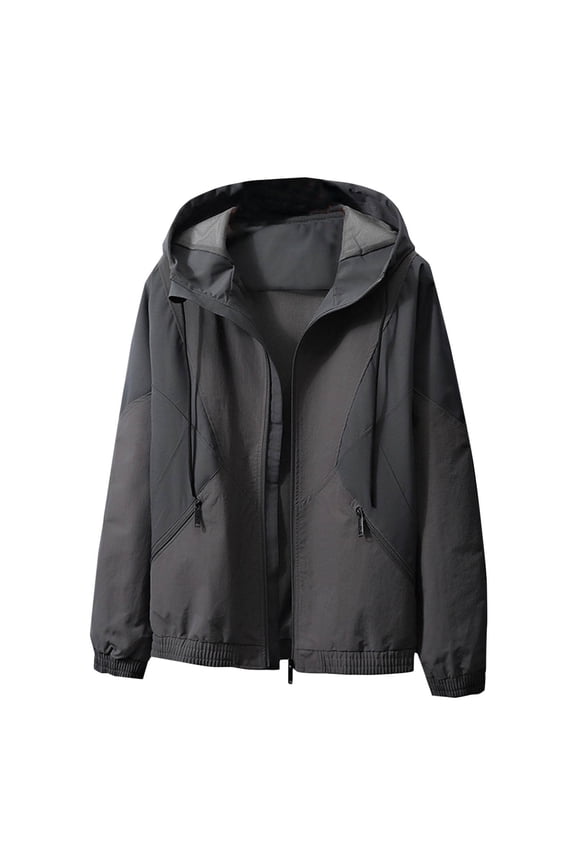 Windbreaker Jacket Men's Zip Front Windbreaker Jacket Hooded Zipper Pocket Jacket Workwear Casual And Handsome Interchange Jacket Loose Coat Dark Gray L