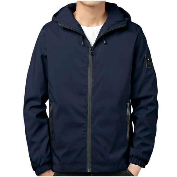 Windbreaker Jacket Men's Zip Front Windbreaker Jacket Solid Color Zipper Pocket With Velvet Long Sleeved Hooded Casual Jacket Dark Blue 2XL
