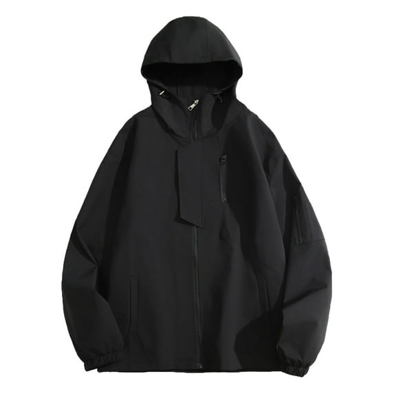 Windbreaker Jacket Men's Zip Front Windbreaker Jacket Suit Hooded Coat Youth Outdoor Sports Wear Long Windbreaker Middle-aged Business Casual Jacket Black L