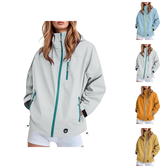 Windbreaker Jacket Women 2025 Fall Casual Color Block Outdoor Windproof Zip Up Hooded Jackets with Pockets Outerwear