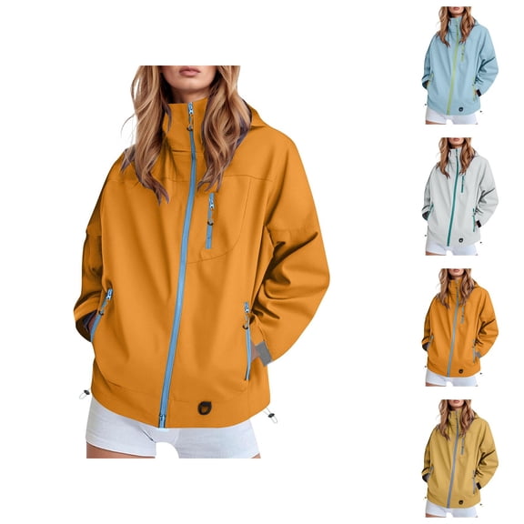 Windbreaker Jacket Women 2025 Fall Casual Color Block Outdoor Windproof Zip Up Hooded Jackets with Pockets Outerwear