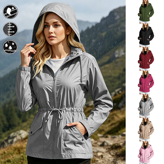Windbreaker Jacket Women Lightweight Waterproof Drawstring Waist Long Sleeve Zip up for Outdoor Camping Travel Hooded Jackets,Sizes S-3XL