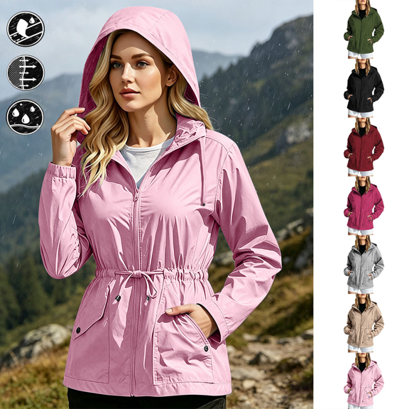 Windbreaker Jacket Women Lightweight Waterproof Drawstring Waist Long Sleeve Zip up for Outdoor Camping Travel Hooded Jackets,Sizes S-3XL